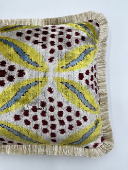 Modern, Oblong, Velvet, Ikat, Cushion With Cream Silk Tassels Blue, Yellow, Burgundy And Cream Abstract Design, 2 of 8
