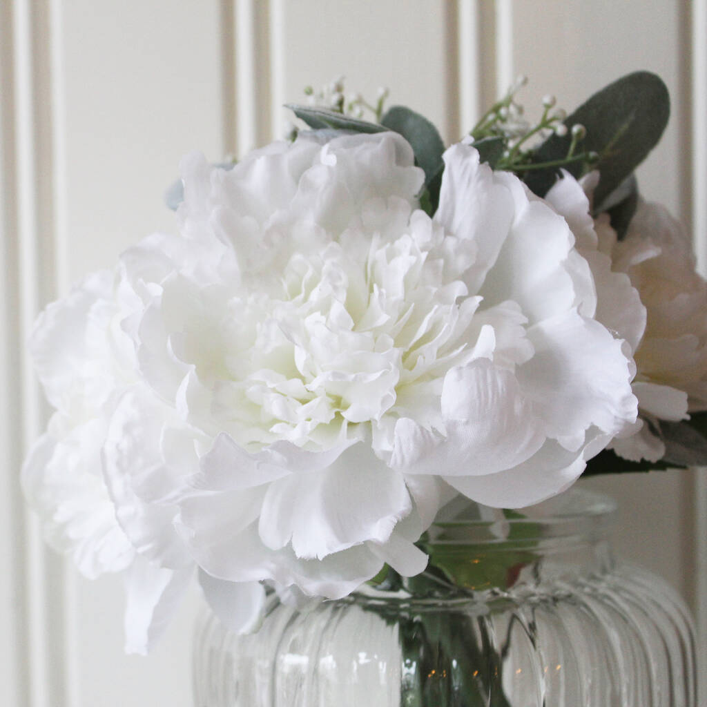 Artificial White Peony Arrangement In Ribbed Glass Vase By Lime Tree