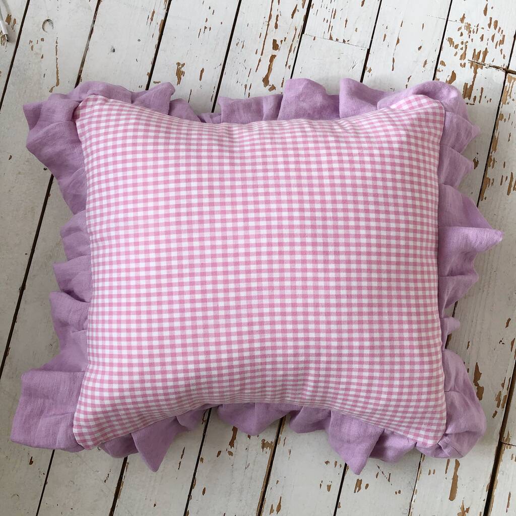 Lilac Frilly Cushion Frilled Gingham And Linen Pillow By Kelly Connor