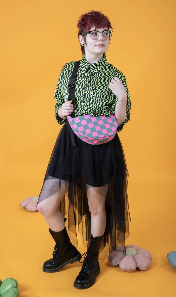 Checkered Pink And Teal Sling Bag Waxed Cotton Bag, 1 of 3