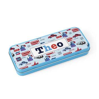 Personalised Boy's Blue Metal Pencil Case Tin, 7 of 9
