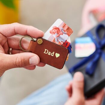 Personalised Leather Keyring For Dad With Four Metal Photo Cards With Hot Stamped Initials, Name Or Date, 5 of 6