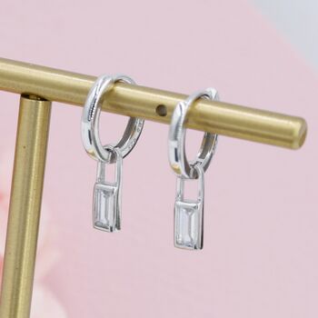 Sterling Silver Baguette Cz Huggie Hoop Earrings, 3 of 10