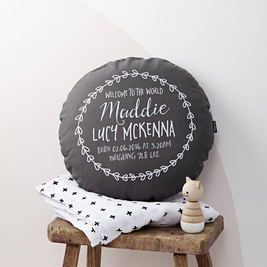 personalised baby round cushion by tillyanna