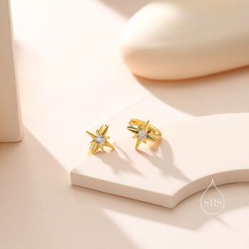 Delicate Starburst Cz Huggie Hoop Earrings In Sterling Silver, 3 of 10