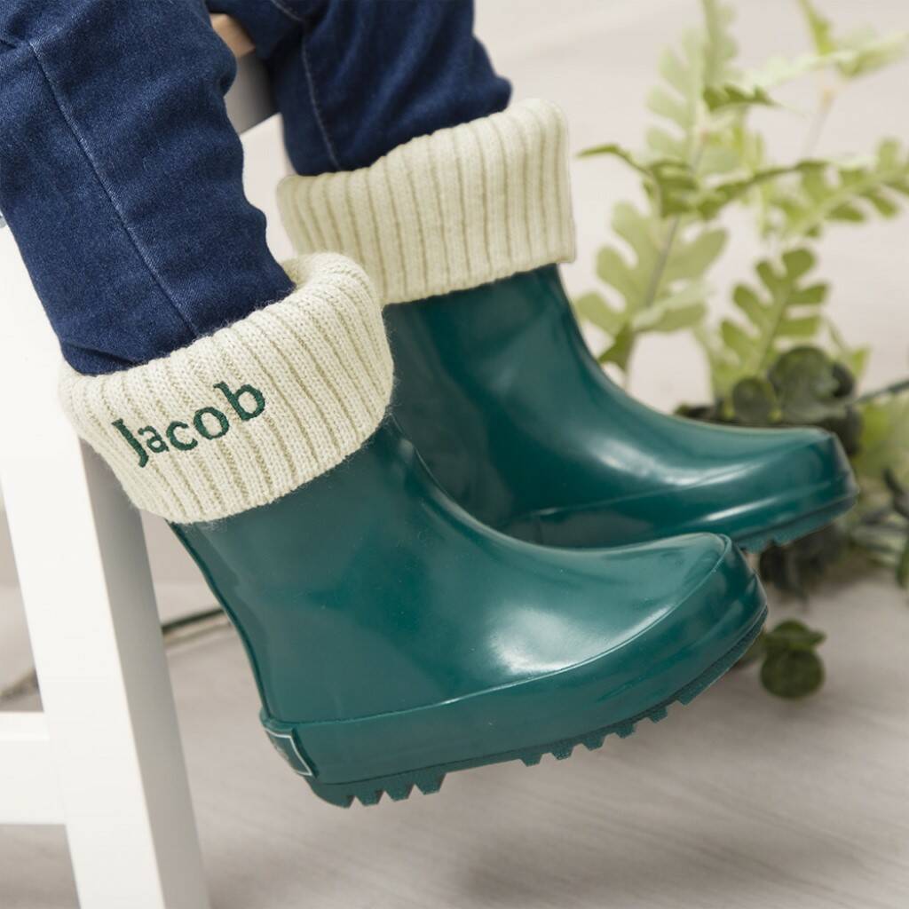 personalised green wellies and welly socks by my 1st years