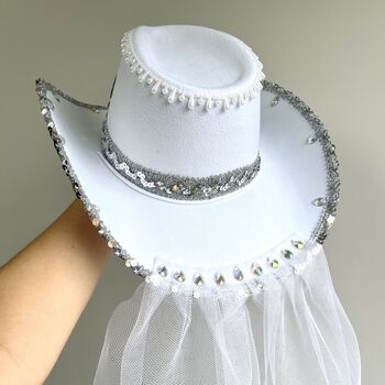 Personalised Bride To Be White Cowboy Hat With Veil, 8 of 9
