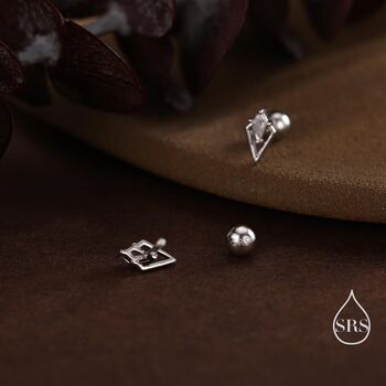 Sterling Silver Art Deco Inspired Tiny Rhombus Cz Screw Back / Internally Threaded Flat Back / Stud Earrings, 4 of 12