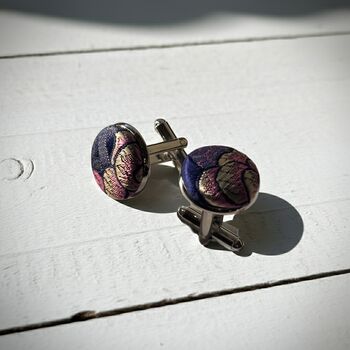 Rich Blue Japanese Silk Covered Cufflinks, 2 of 6