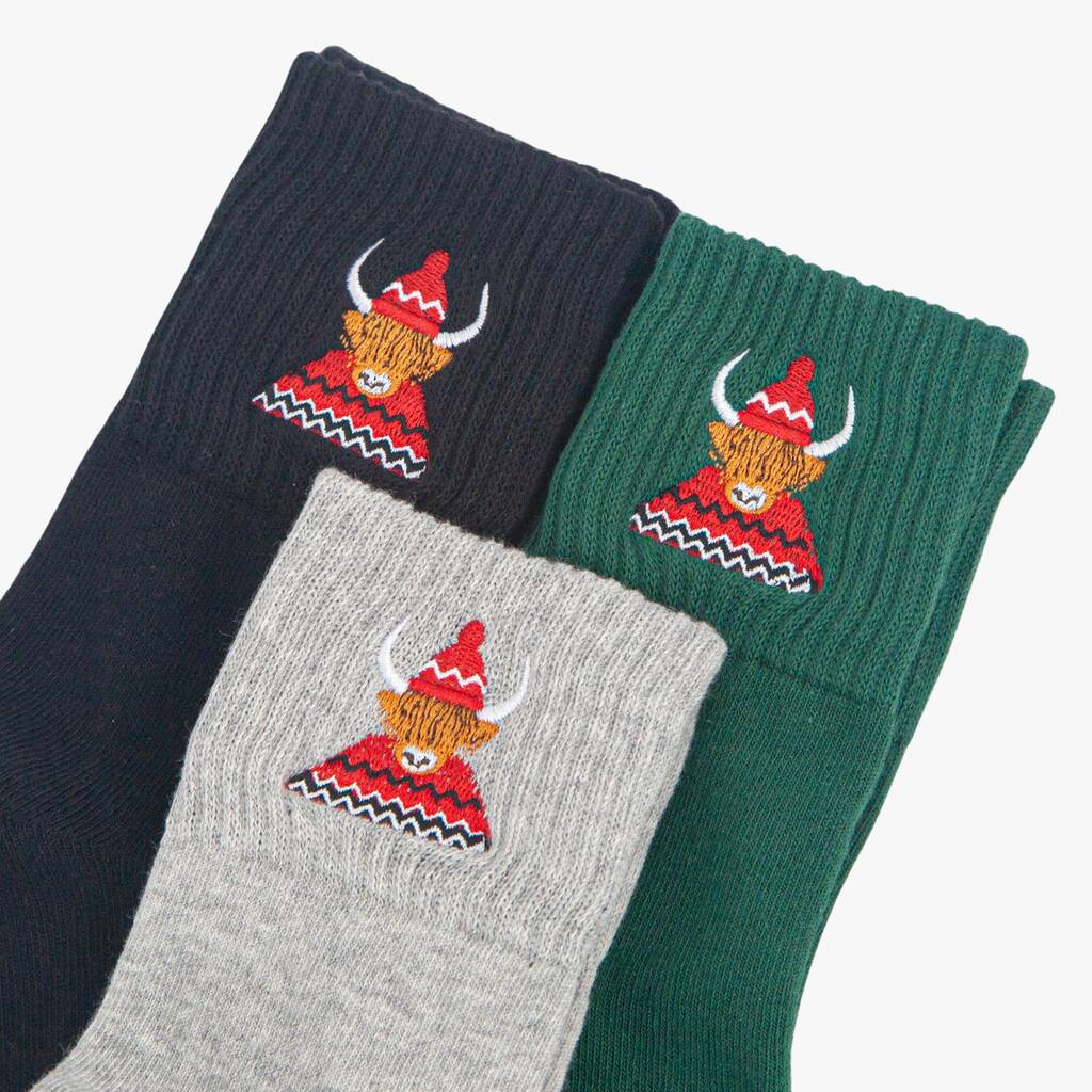 Women's Highland Cow Embroiderd Cotton Ankle Socks Three Pack, 1 of 5