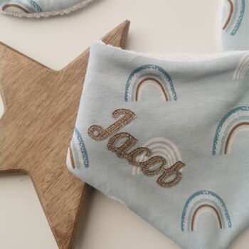 Personalised Baby Feeding Set, Blue Rainbow Fabric, 10 of 12