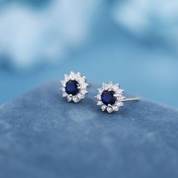 Sapphire Cz Flower Stud Earrings In Sterling Silver, 4 of 12