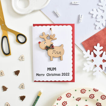 Personalised Reindeer Decoration Name Xmas White Card, 2 of 3