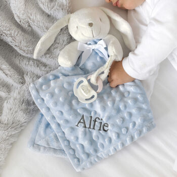 Personalised Blue Bobble Bunny Baby Comforter, 2 of 6