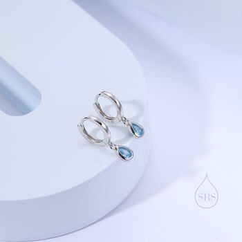 Tiny Aquamarine Blue Droplet Cz Huggie Hoop Earrings, 4 of 8