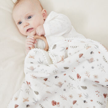 Mushroom Baby Blanket, Organic Muslin And Warm Boucle Fleece. Woodland Walk, 7 of 12