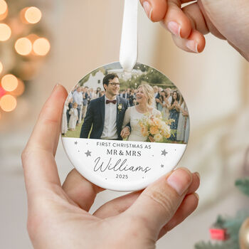 Personalised Mr And Mrs First Christmas Ceramic Ornament, 5 of 8