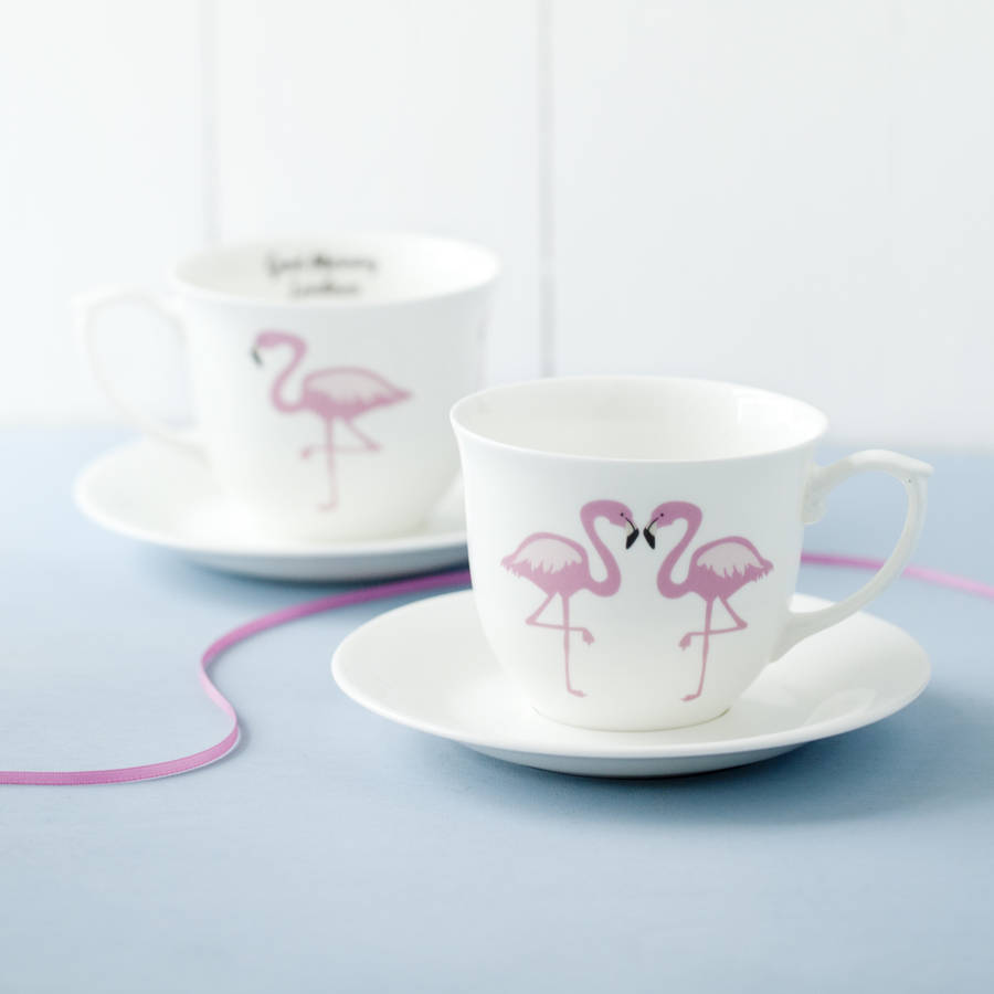 Flamingo And Message Bone China Cup And Saucer, 1 of 4