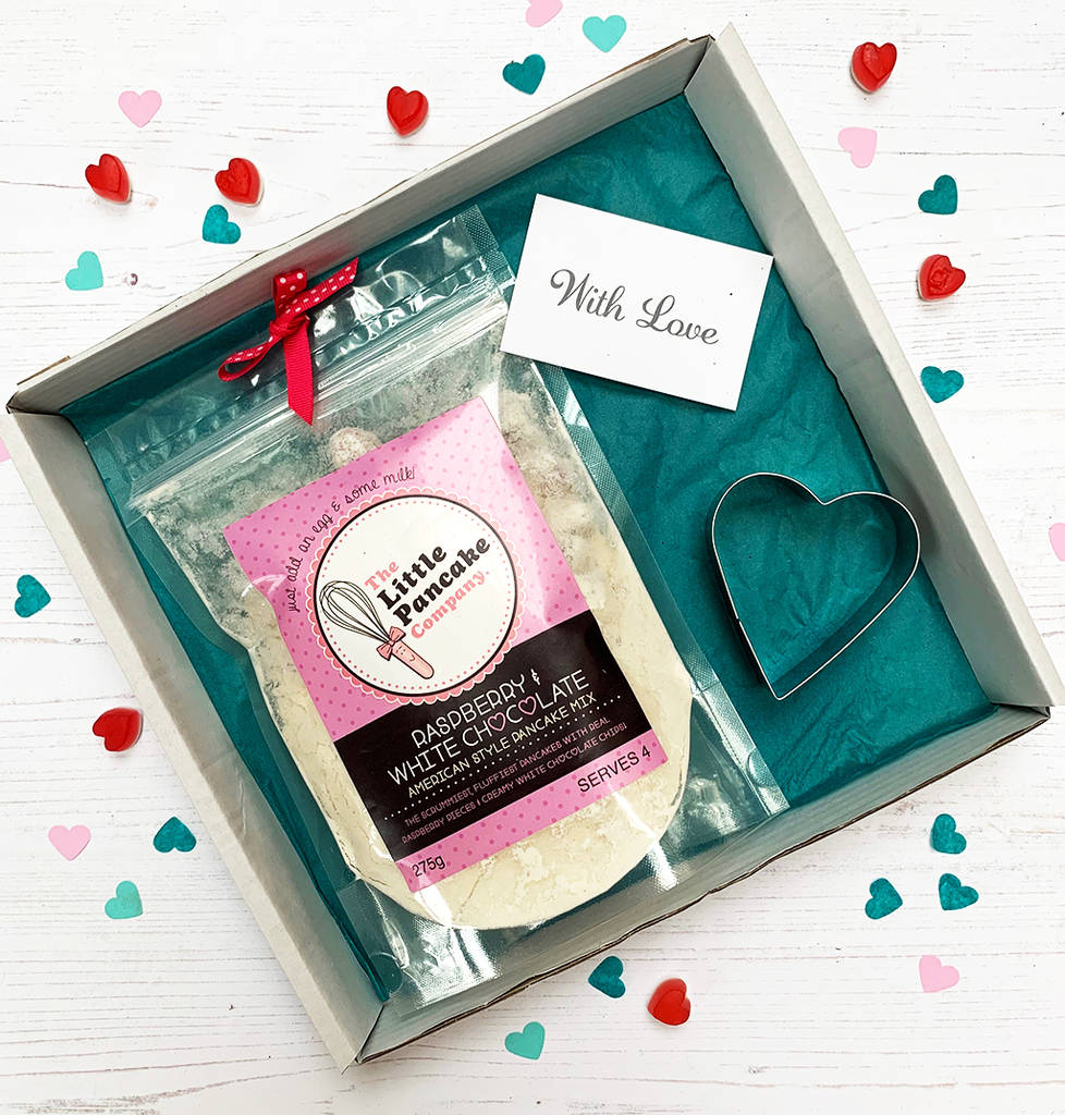 raspberry and white chocolate pancake gift set by the little pancake company
