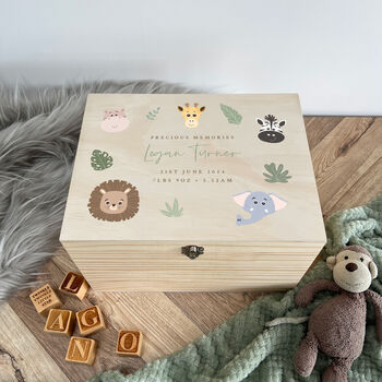 Personalised Jungle Animals New Baby Keepsake Box, 10 of 11