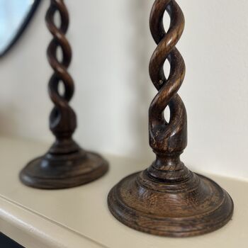 Pair Of Vintage Tall Oak Barley Twist Candlesticks, 2 of 5