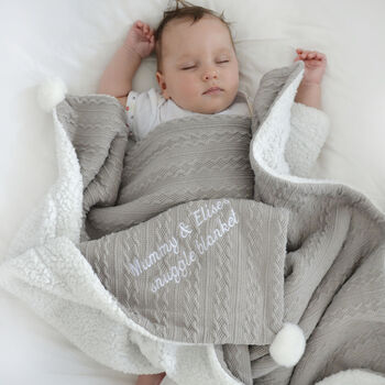 Personalised Grey Cable Knit Pom Pom Blanket, 2 of 12