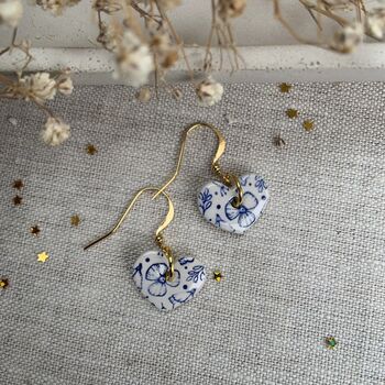 Blue Floral Ceramic Heart Earrings Dainty Handmade Earrings, 2 of 7