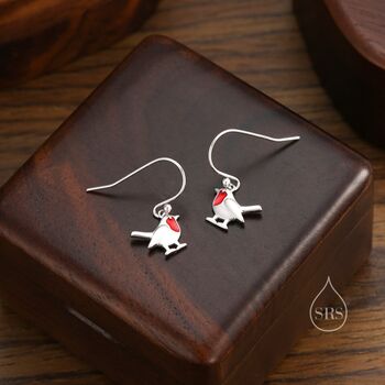 Sterling Silver Robin Bird Drop Hook Earrings, 5 of 10
