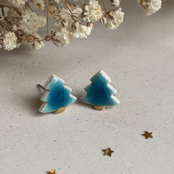 Tiny Turquoise Christmas Tree Ceramic Earrings, 6 of 10