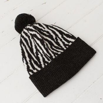 Lambswool Knitted Zebra Pom Pom Hat, 11 of 12