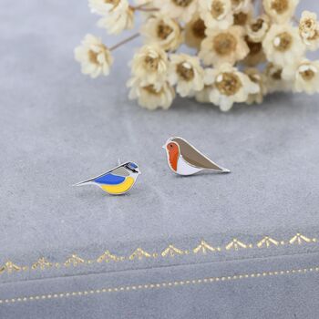Mismatched Robin And Blue Tit Bird Stud Earrings In Sterling Silver, 3 of 12