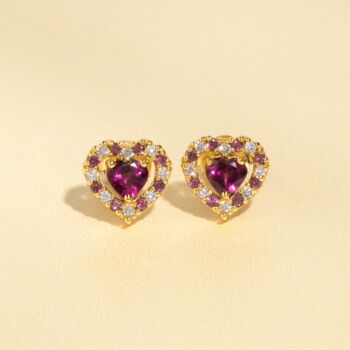 Red Heart Rhodolite Garnet Stud Earrings In Silver And Gold, 6 of 10