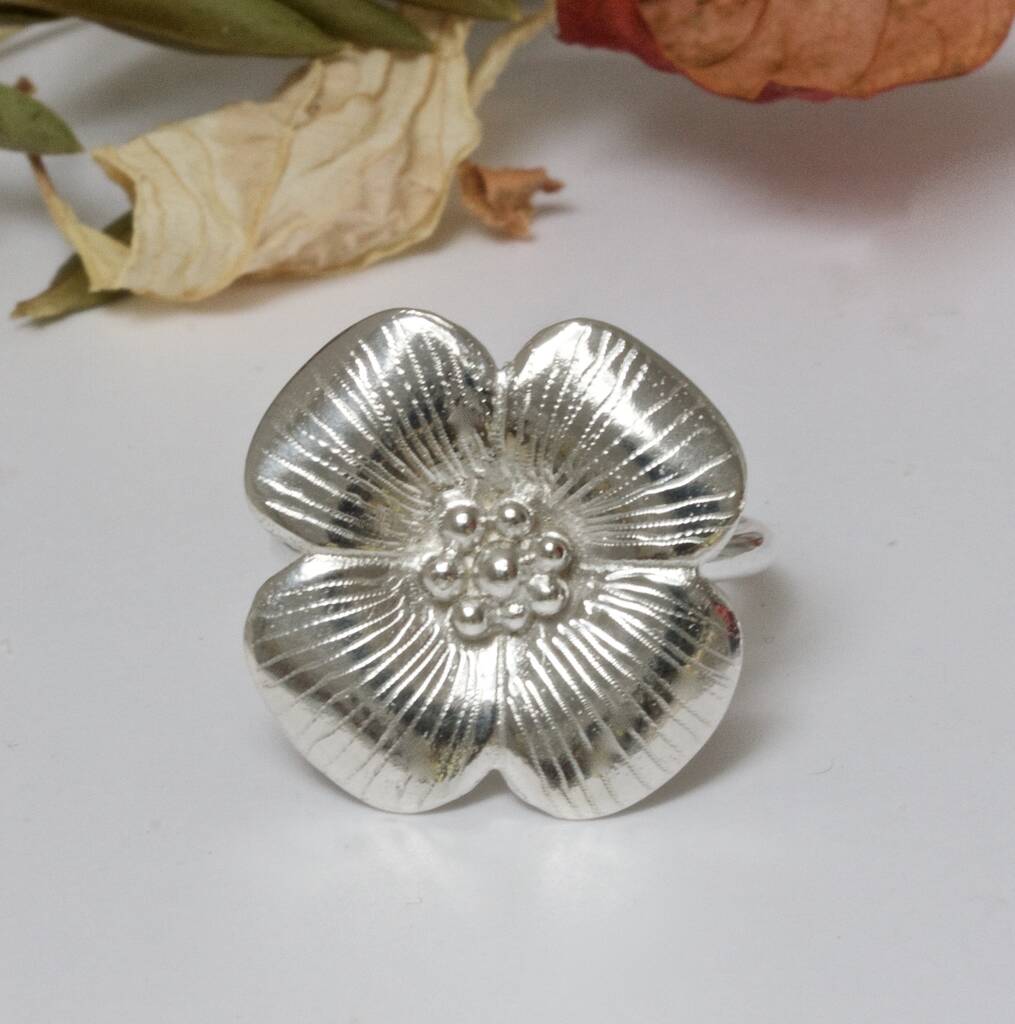 Silver Four Petal Flower Ring, Silver Floral Ring By Caroline Brook