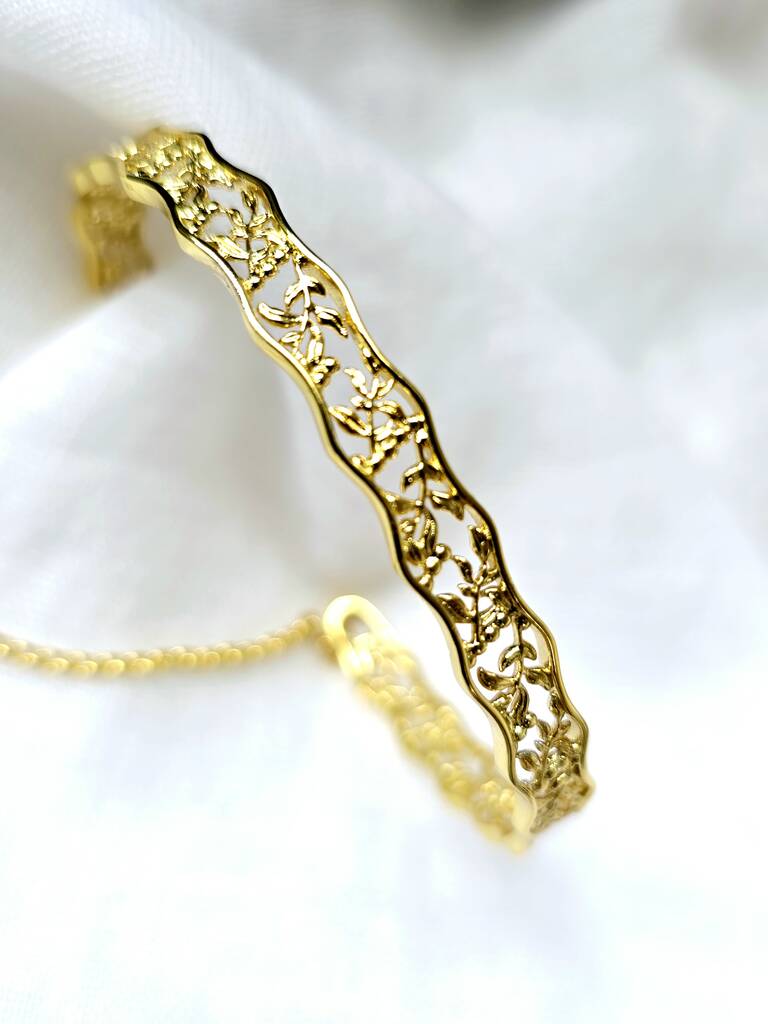 16 K Gold Floral Cut Out Adjustable Cuff Bracelet Hollow Vine Design Elegant Gold Plated Filigree Bracelet Gift For Her, 1 of 9