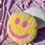 Handmade Tufted Yellow And Pink Smiley Face Cushion, thumbnail 4 of 5