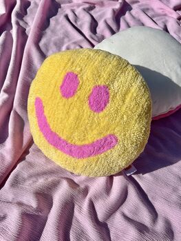 Handmade Tufted Yellow And Pink Smiley Face Cushion, 4 of 5