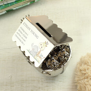 Personalised Baby Animals Noahs Ark Money Box – Baby Keepsake For Christening Or New Baby Gift, 2 of 5
