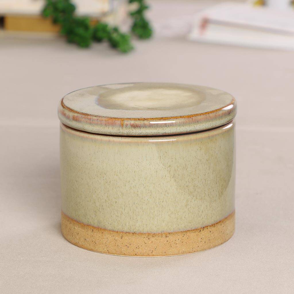 Khaki Green Stoneware Jar With Lid By Dibor