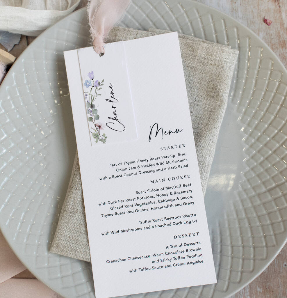 Periwinkle Wedding Menu Cards With Guest Name Tags And Ribbon, 1 of 7