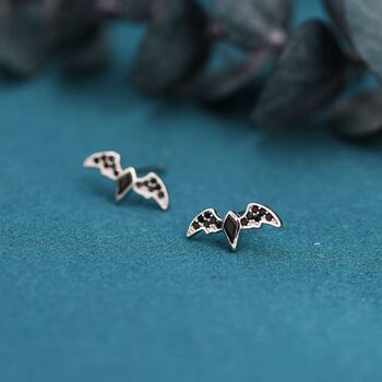 Black Cz Crystal Bat Stud Earrings In Sterling Silver, 4 of 11