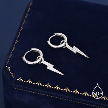 Sterling Silver Lightning Bolt Charm Huggie Hoop Earrings, 2 of 11