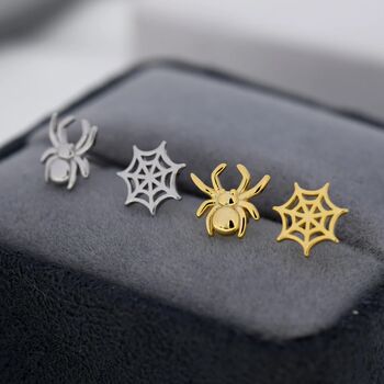 Spider And Web Stud Earrings In Sterling Silver, 2 of 11