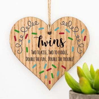 Twins New Baby Gift Hanging Wood Heart, 2 of 3