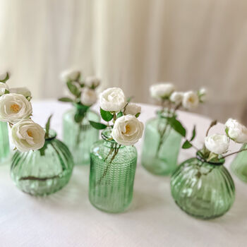 Set Of Two Green Pressed Glass Bottle Vases Florence, 6 of 7