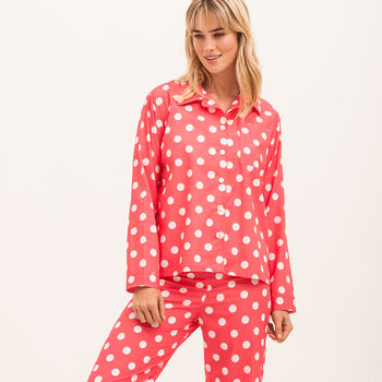 Women's Watermelon Red Cotton Polka Dot Pyjamas, 2 of 4