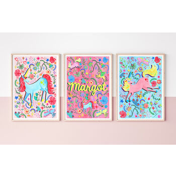 Personalised Pink Unicorn Nursery Print Set | Set Of Three Wall Art, 7 of 12