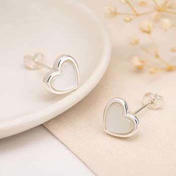 Sterling Silver Heart Stud Earrings With Mother Of Pearl Inlay, 3 of 10