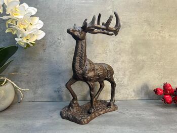 33cm Heavy Cast Iron Deer Figurine Standing Stag On Plinth, 3 of 9
