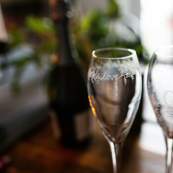 Love Wreath Hand Engraved Champagne Flutes, 2 of 8