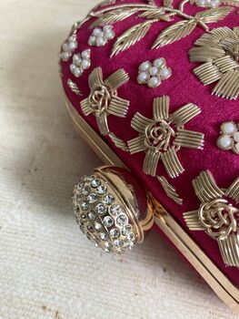 Hot Pink Raw Silk Oval Pearl Clutch Bag, 10 of 10